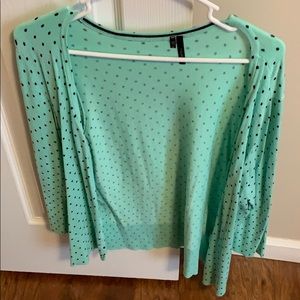 SUPER CUTE mint and navy polka dot cardigan!